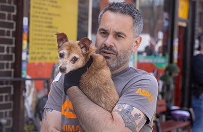 A small brown dog with an eye injury is being held and comforted by an ASPCA team member
