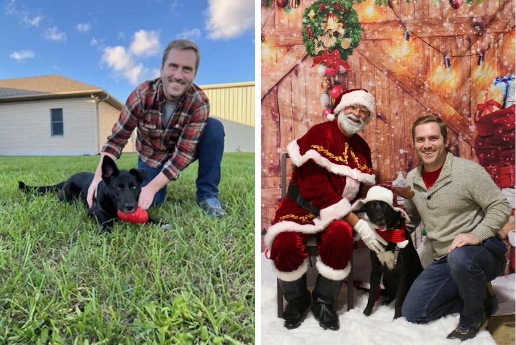 dog and his adopter with santa