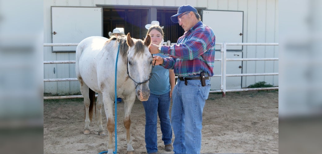 woman showing man how to handle a horse