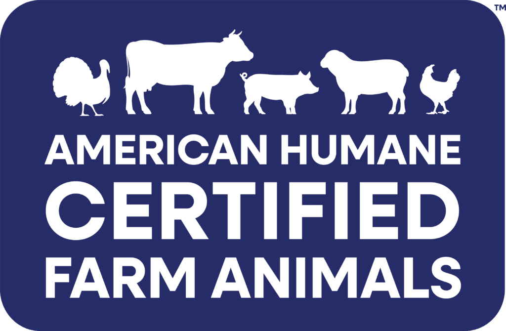 American Humane Certified logo - white farm animal silhouettes on a dark blue background