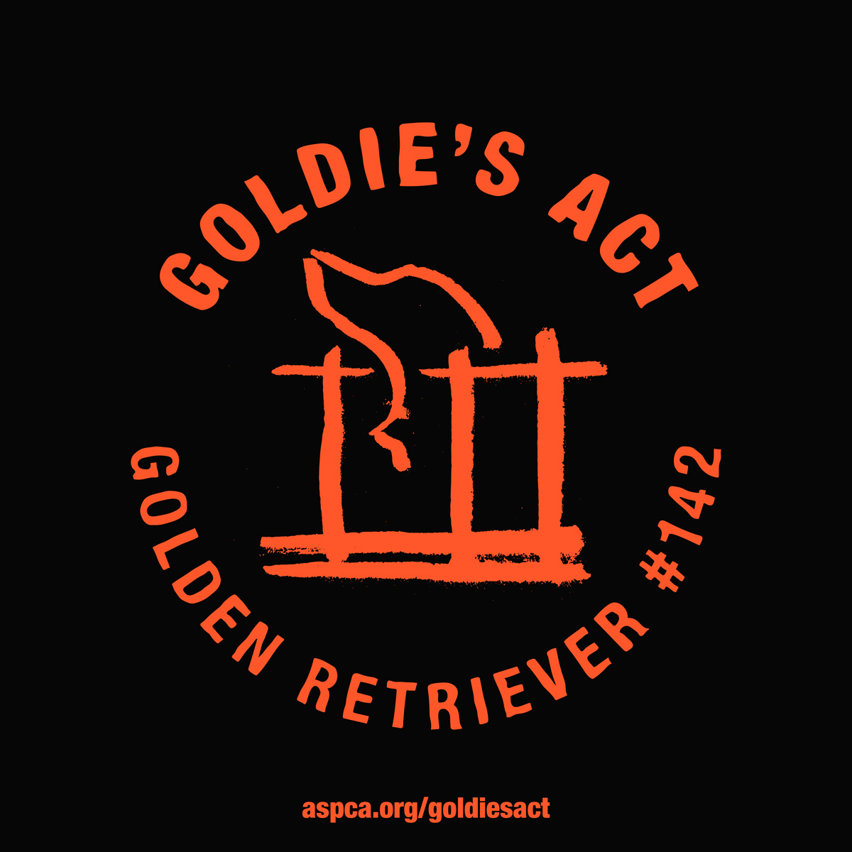 Goldie's Act Illustration of a dog's head reaching over bars: GOLDIE'S ACT GOLDEN RETRIEVER #142 - aspca.org/GoldiesAct
