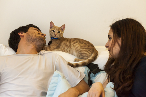 Man, woman and cat hanging out