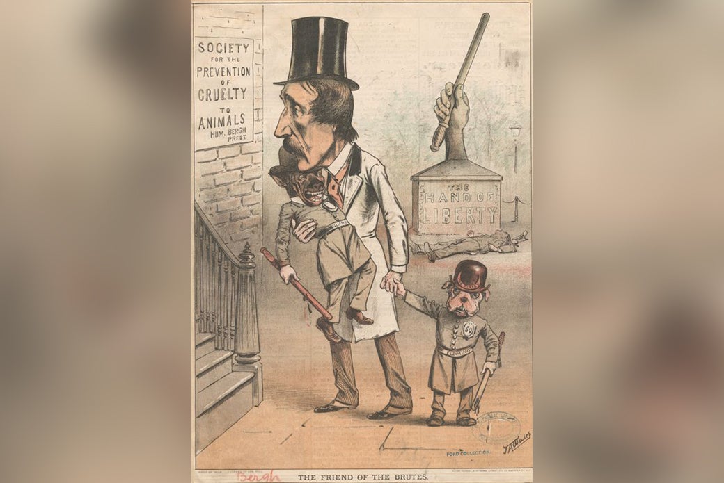 A political cartoon lampooning Henry Bergh
