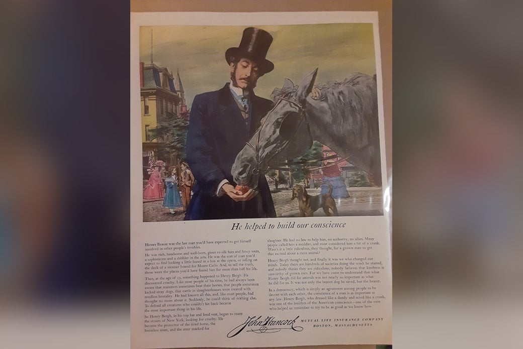 Life insurance ad positively depicting Henry Bergh