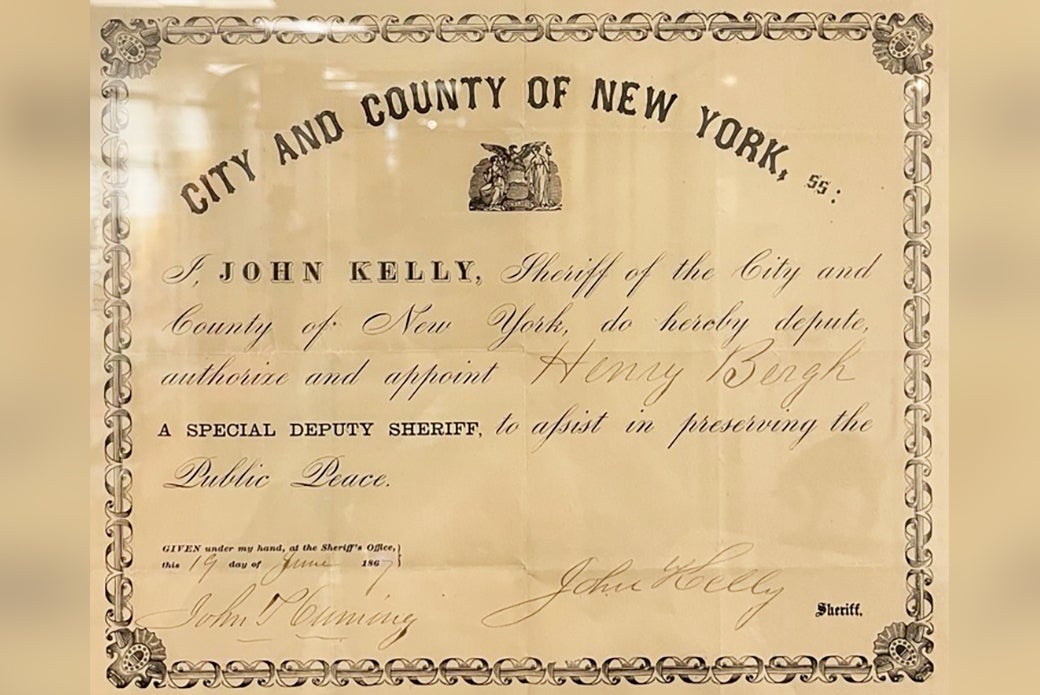 Henry Bergh's New York County Assistant Deputy Sheriff certificate