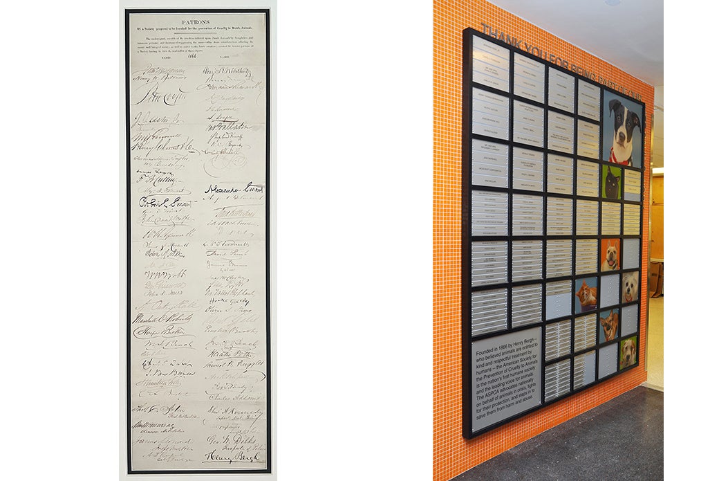 left: a list of signatures of the ASPCA's original patrons, right: wall at the ASPCA's headquarters listing the names of present day donors