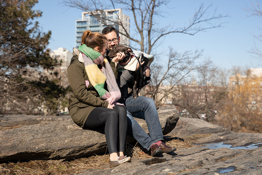 an adopted rescued dog with their family in the park