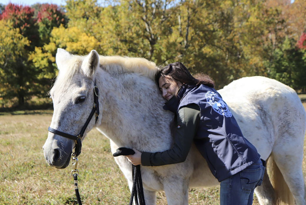 a woman hugging a white horse named Lorelei