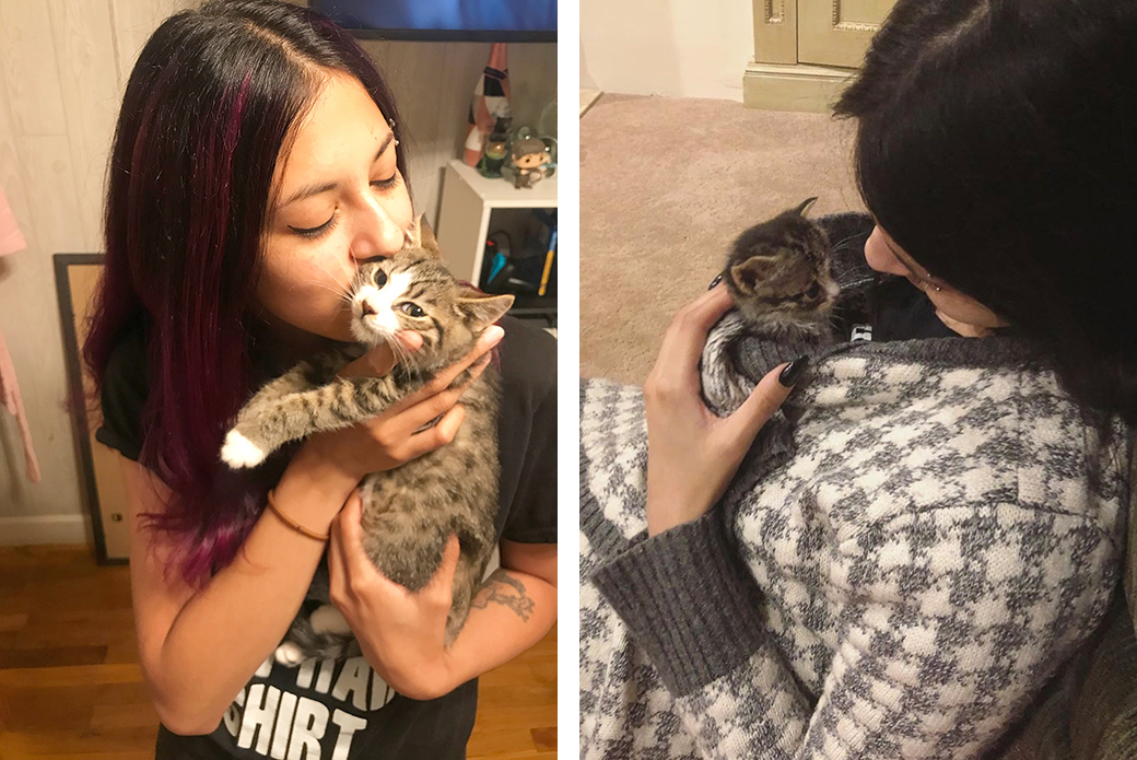 Emily kissing Pufty (left) and Emily holding Miracle in her sweater (right)