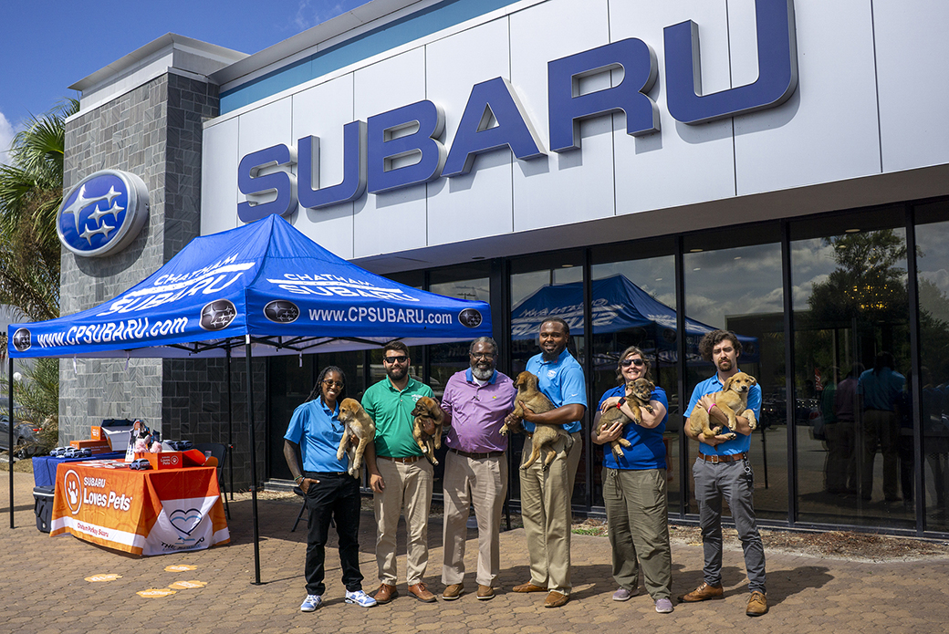 The staff at Chatham Parkway Subaru assisting with their pet event hosted in partnership with One Love Animal Rescue in Savannah, Georgia.