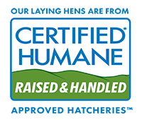 Certified Human logo with additional text - our laying hens are from approved hatcheries
