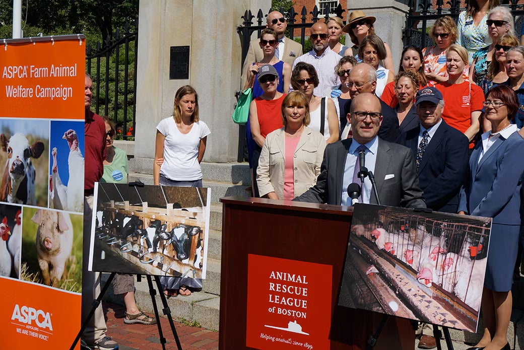 ASPCA CEO Matt Bershadker in front of podium speaking for farm animals