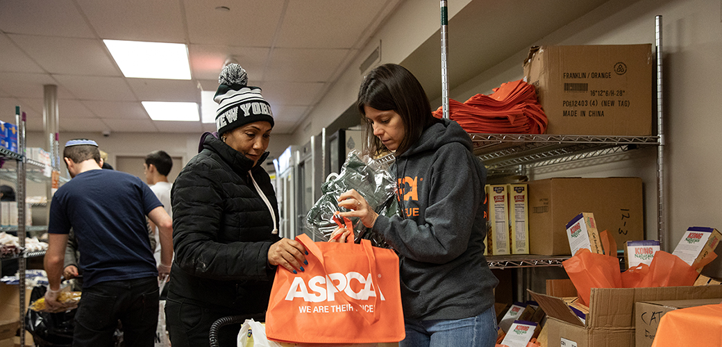 aspca volunteer handing a woman a bag at the food bank