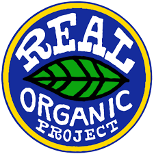 Real Organic Project logo - name around green leaf