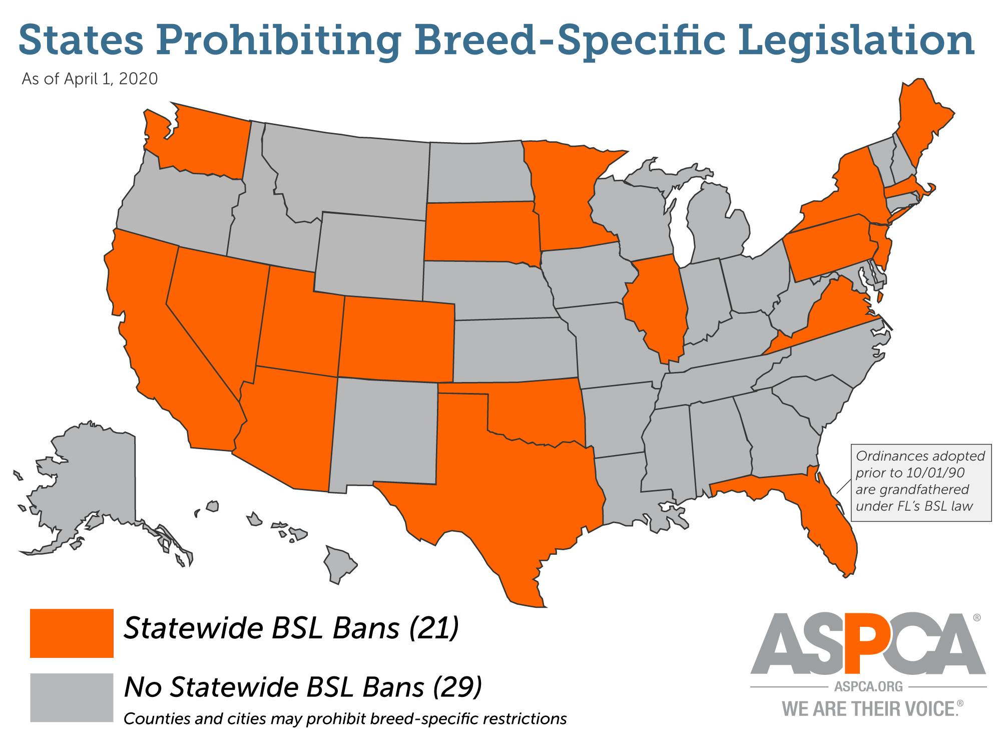 Map of states prohibiting Breed Specific Legislation