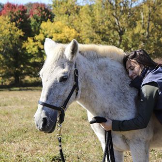 a woman hugging a white horse