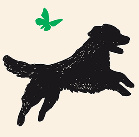 Puppy Mill Pipeline bill victory graphic, black silhouette of a dog jump of a tan back ground with a green butterfly next to it
